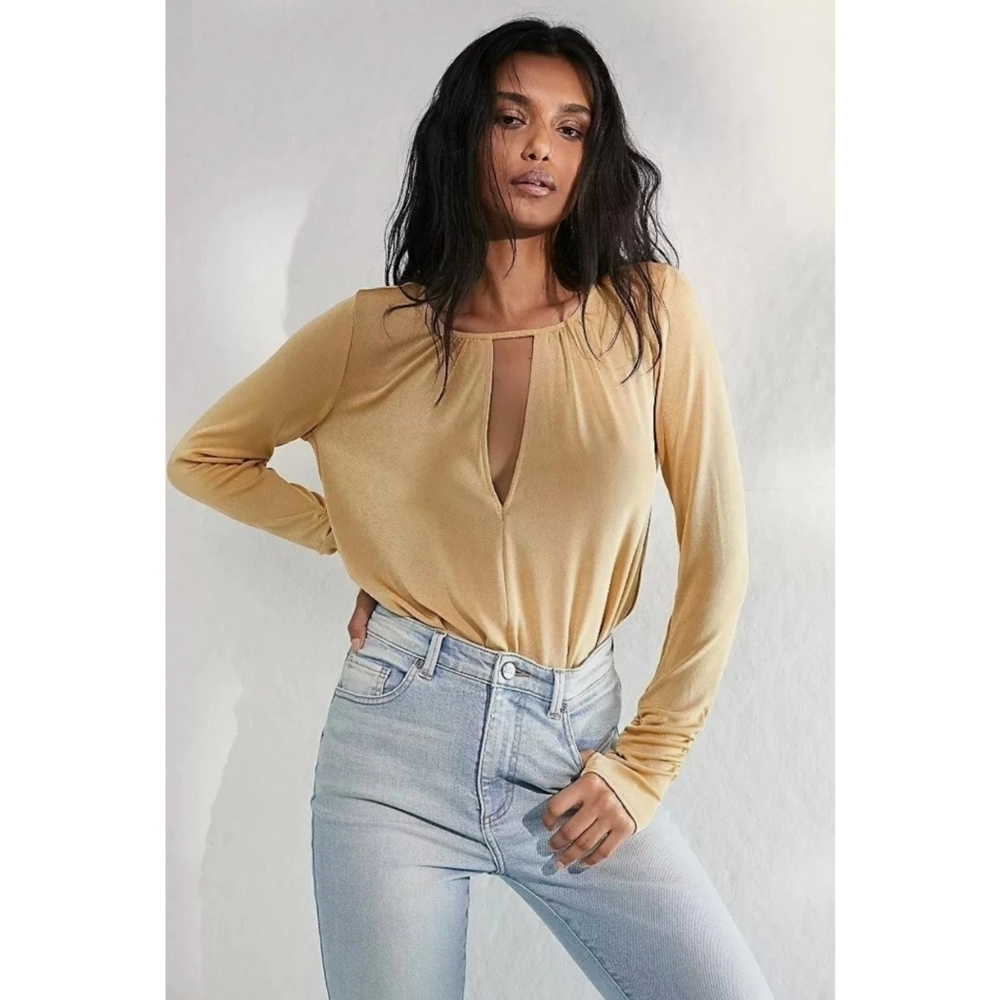 NWOT Free People Yellow Gold Ruched Sleeve V-Neck Bodysuit